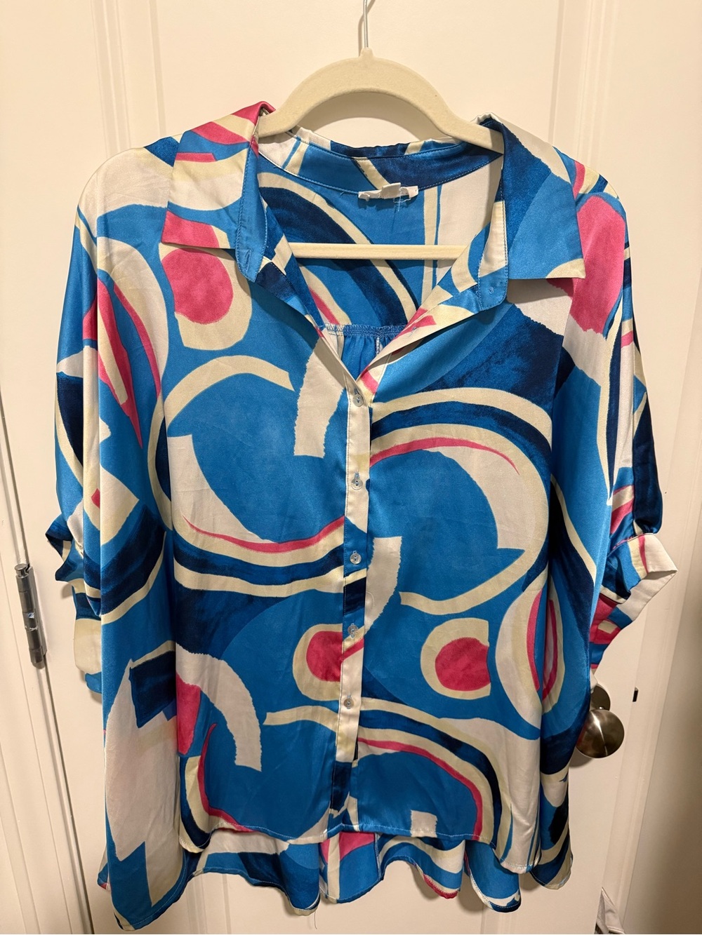Printed Button-Front Women's Top in Blue and Pink